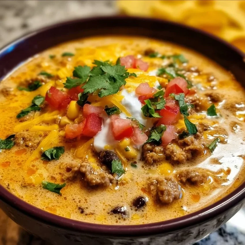 Bowl of high protein creamy taco soup garnished with cheese and cilantro