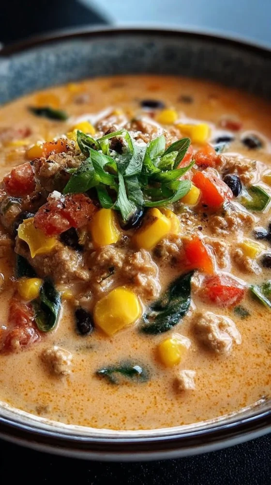 Bowl of high protein creamy taco soup topped with fresh herbs and cheese