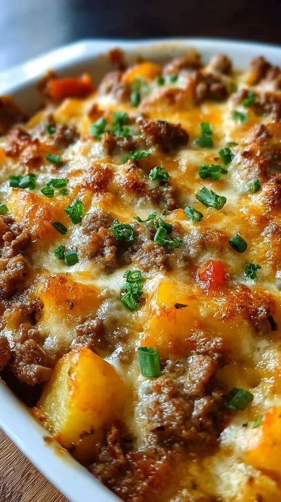 Delicious Hobo Casserole in a serving dish, showcasing melted cheese and vegetables.