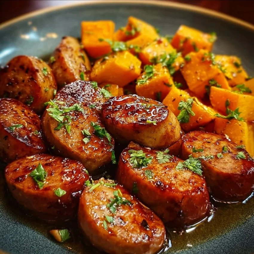 Honey garlic sausage served with roasted sweet potatoes on a plate