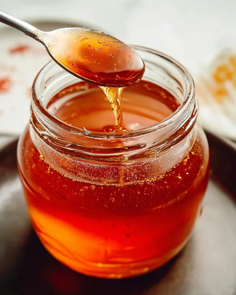 A jar of hot honey, showcasing its vibrant color and spice blend.