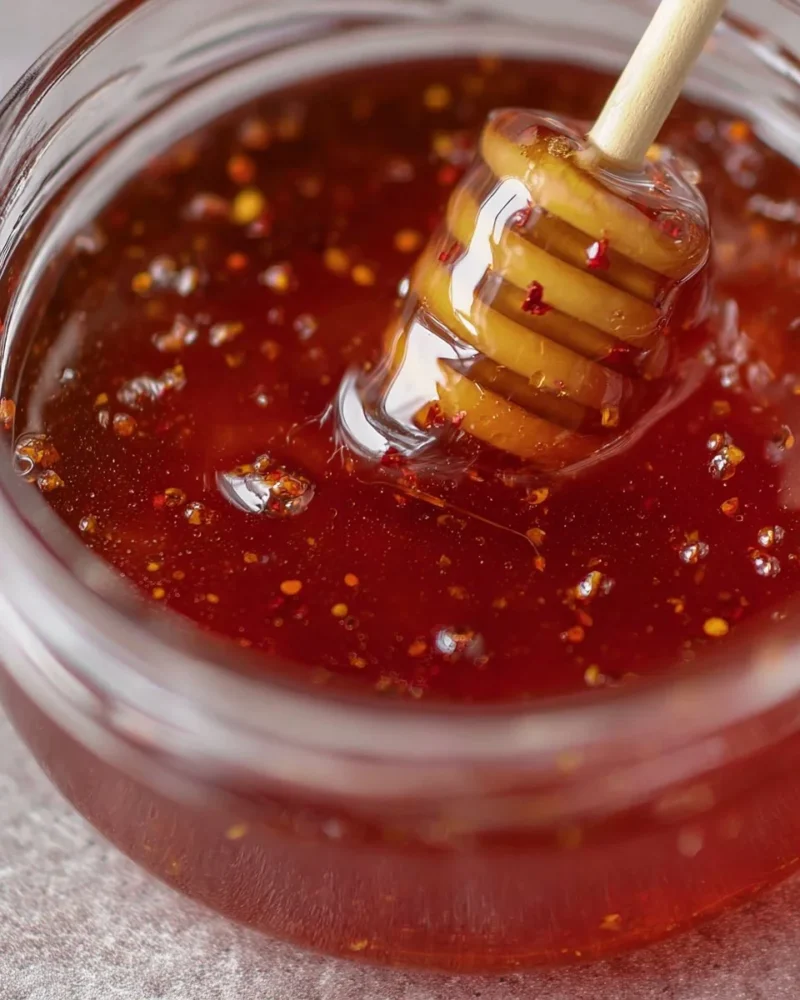 Bottle of hot honey drizzle next to drizzled honey on a plate