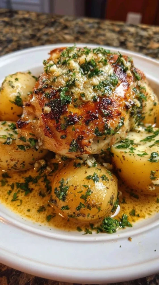 Delicious Garlic Parmesan Chicken cooked in a crockpot, garnished with herbs.