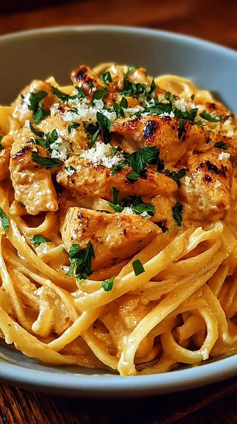 Creamy cowboy butter chicken linguine served in a bowl