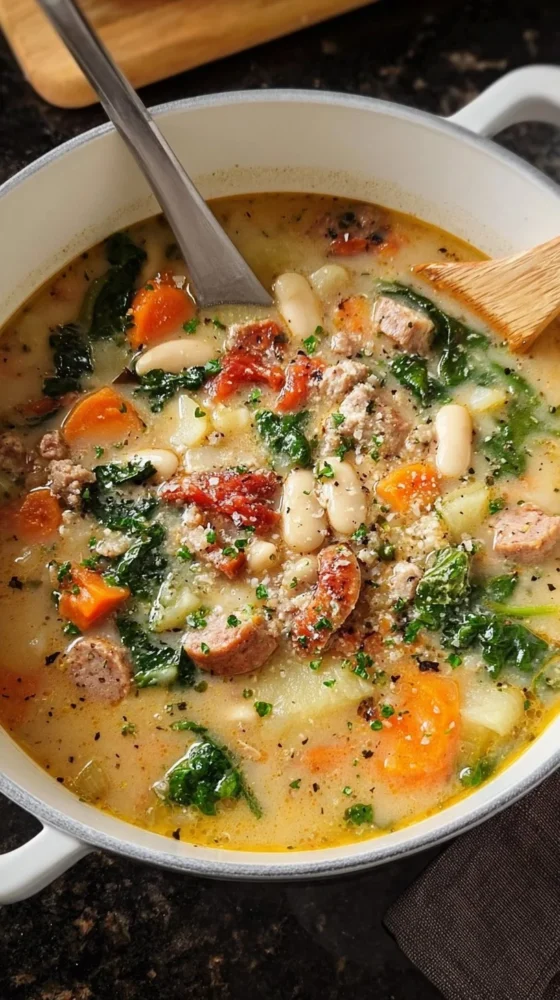 A bowl of Italian sausage and white bean soup garnished with fresh herbs.