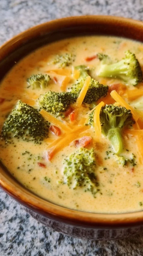 Bowl of creamy keto broccoli cheese soup garnished with cheese and herbs
