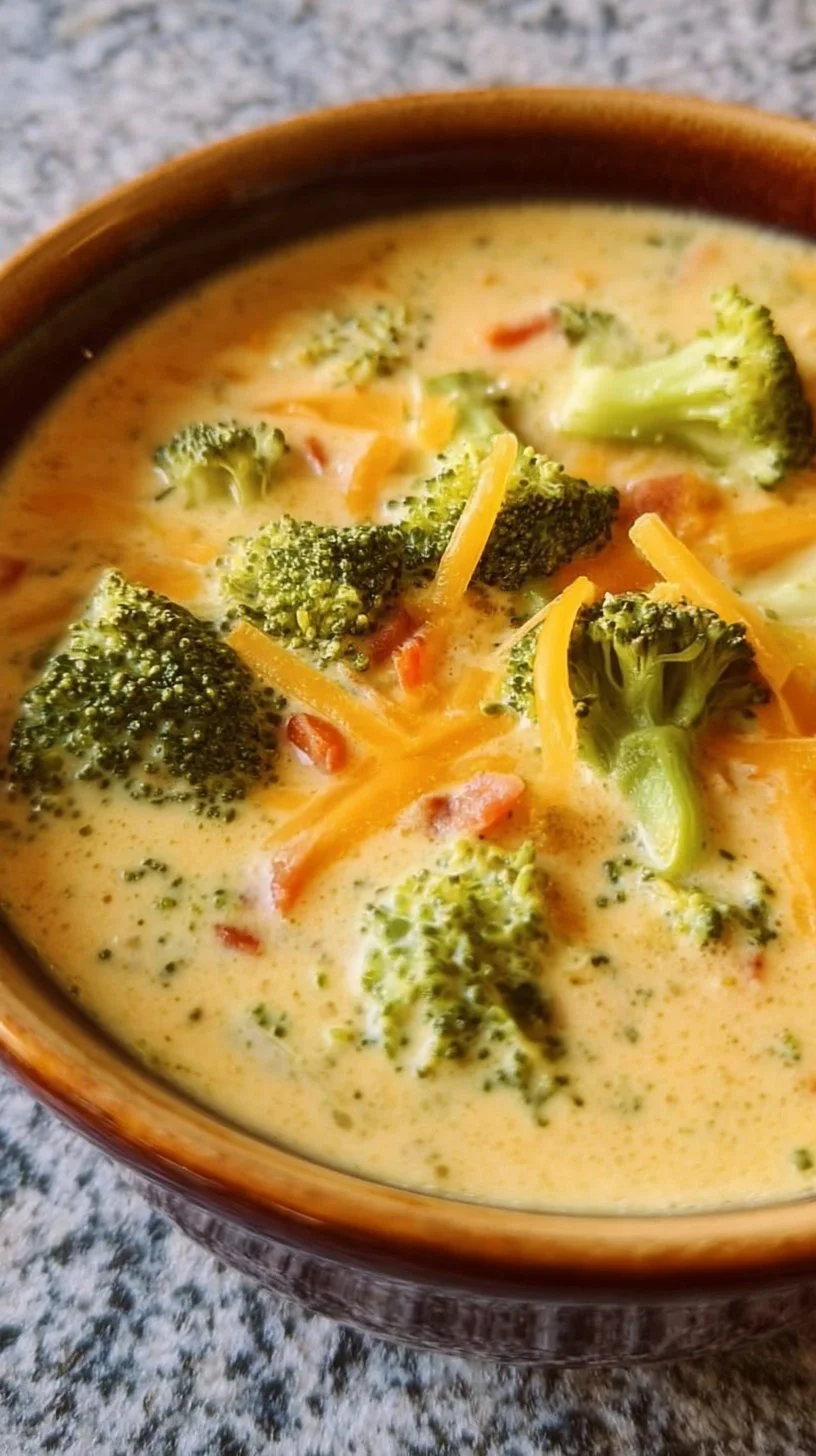 Bowl of creamy keto broccoli cheese soup garnished with cheese and herbs