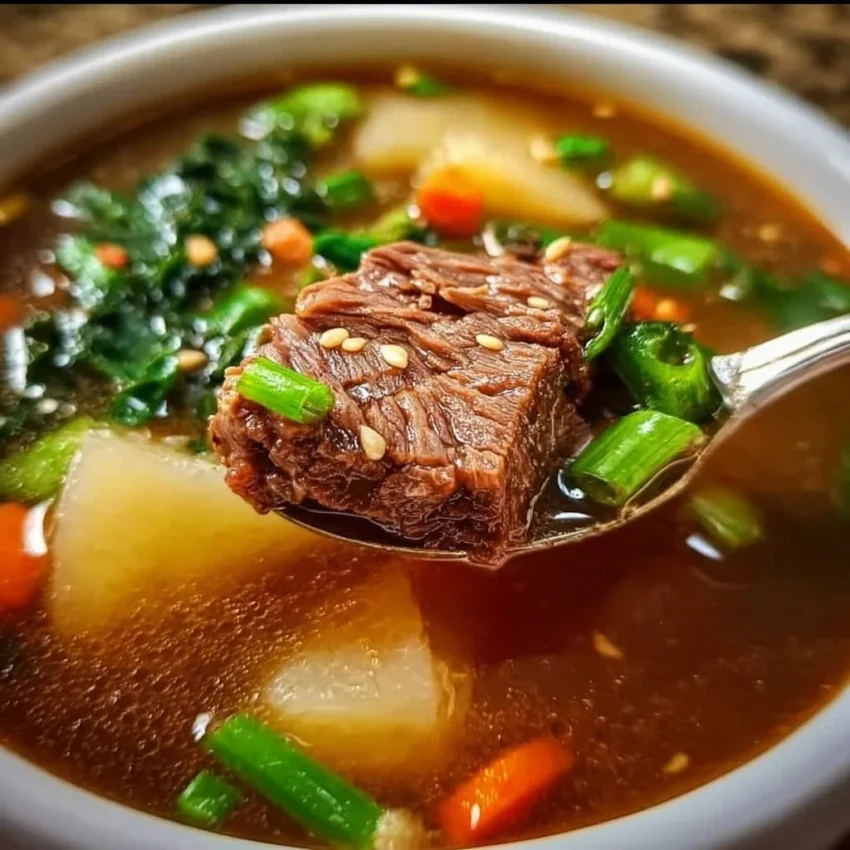 Bowl of traditional Korean winter soup with vibrant vegetables and herbs