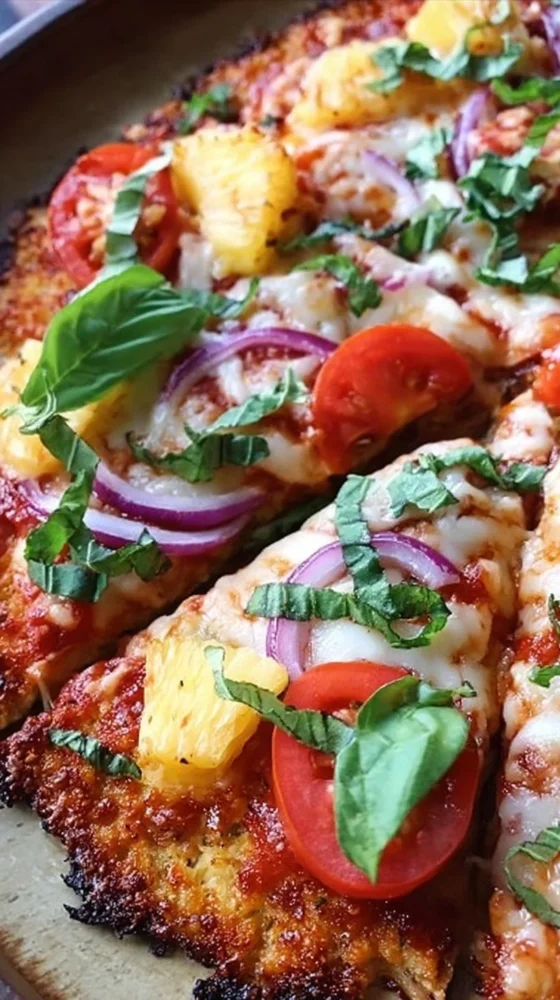 Low-carb cauliflower pizza crust topped with fresh ingredients