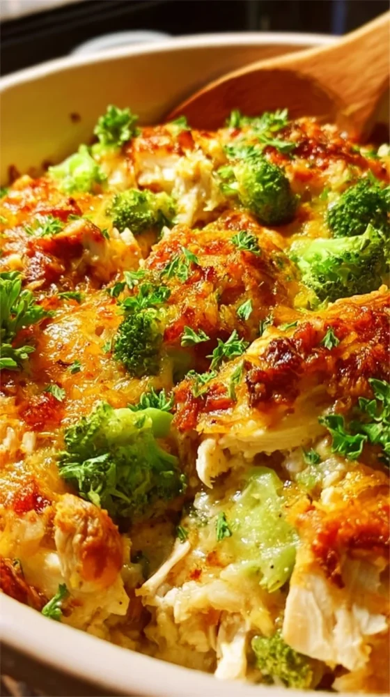 Low carb chicken casserole in a baking dish topped with herbs and cheese