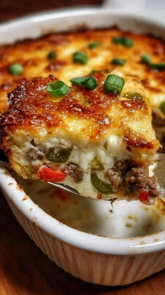 Low Carb Philly Cheesesteak Casserole in a baking dish