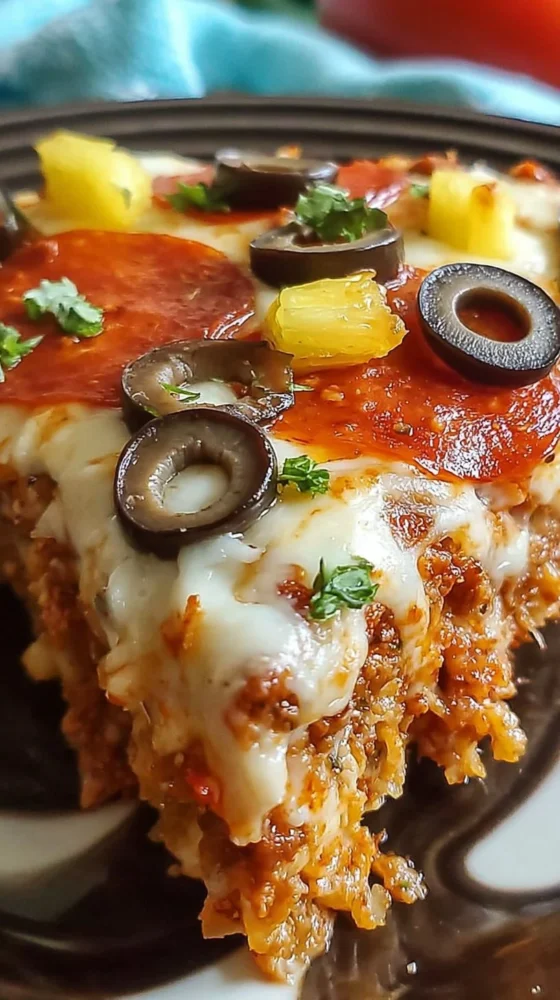 Delicious low carb pizza casserole served in a dish with toppings.
