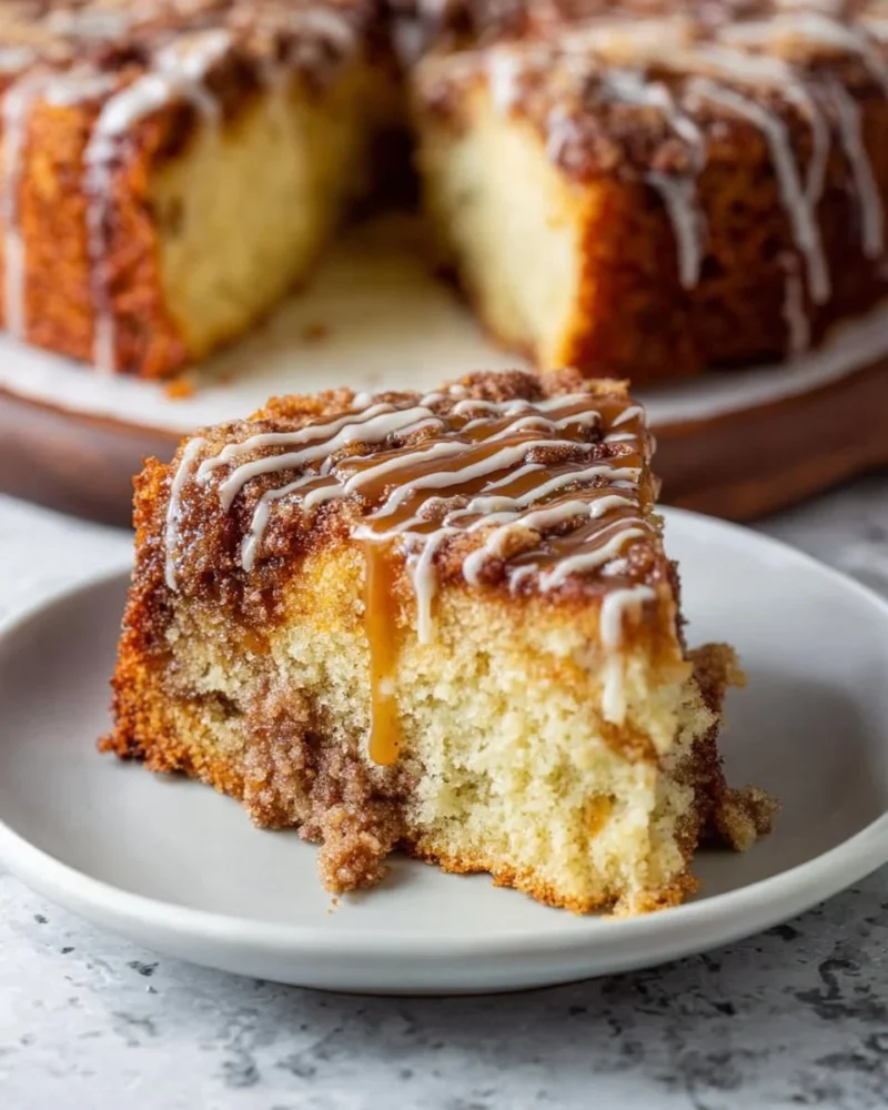 Delicious Maple Coffee Cake topped with syrup and walnuts, perfect for dessert