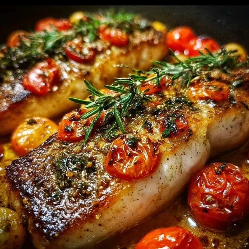 Delicious Mediterranean baked fish garnished with herbs and lemon