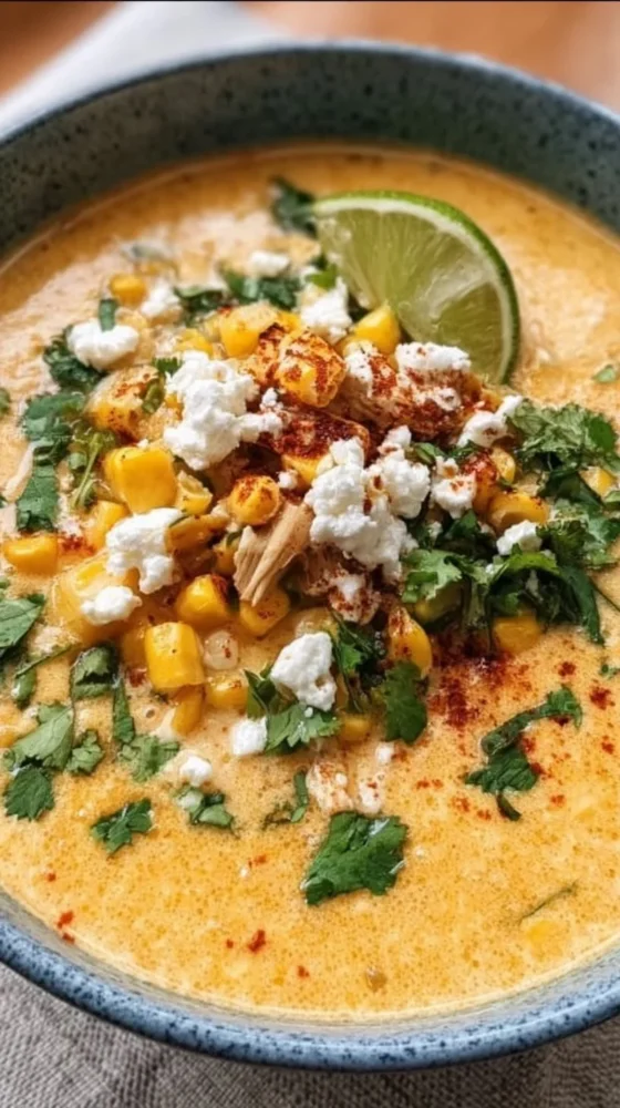 Delicious bowl of Mexican street corn soup topped with cilantro and lime.