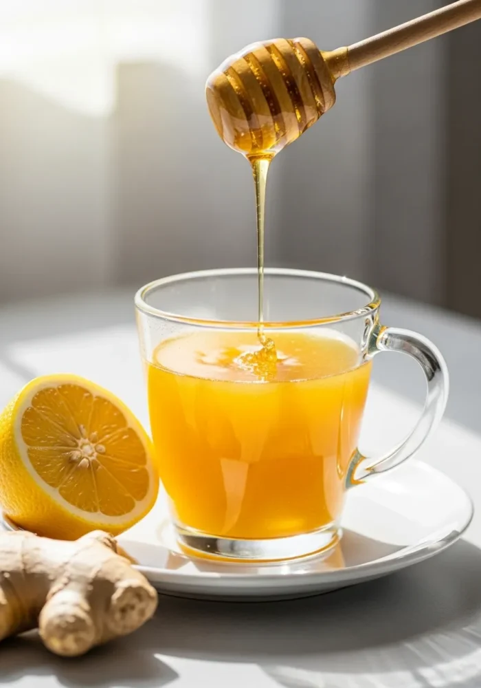 A wooden honey dipper drips golden honey into a clear glass mug of warm amber liquid, with a sliced lemon and fresh ginger root on a white surface.