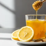 A wooden honey dipper drizzles golden honey into a clear glass mug filled with a warm yellow lemon ginger drink, with fresh lemon slices and a piece of ginger root arranged on a white saucer beside it.