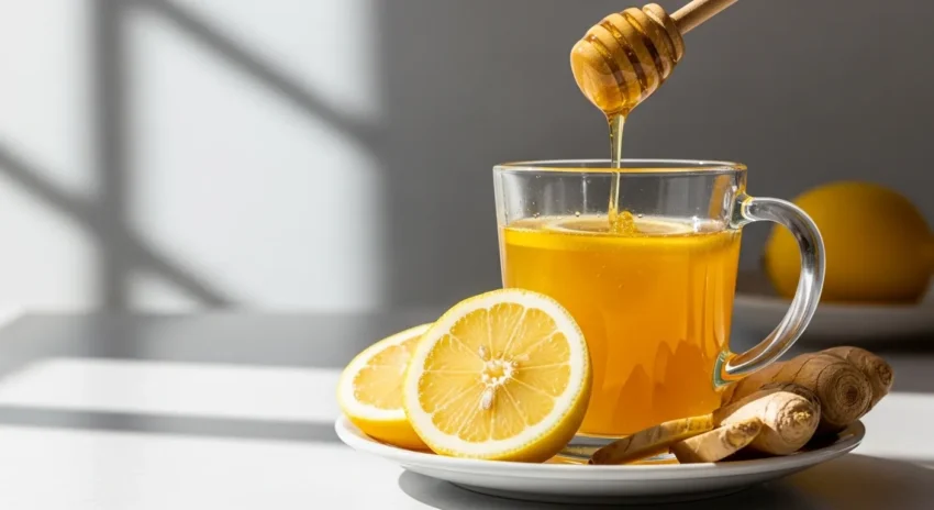A wooden honey dipper drizzles golden honey into a clear glass mug filled with a warm yellow lemon ginger drink, with fresh lemon slices and a piece of ginger root arranged on a white saucer beside it.