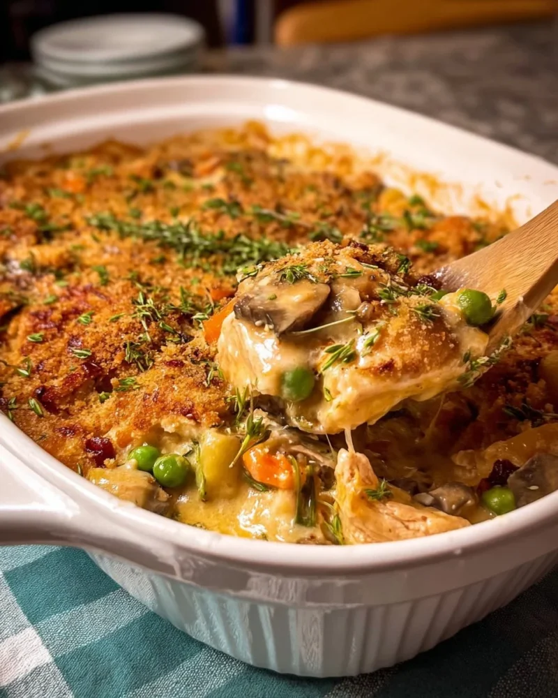 Delicious Neiman Marcus Style Chicken Casserole served in a rustic dish