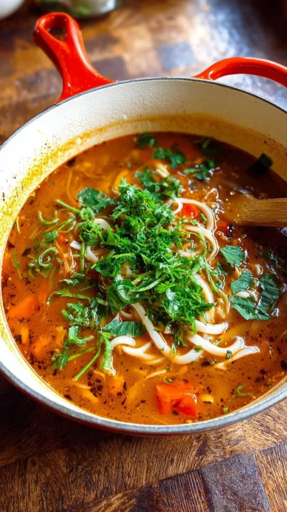 Delicious bowl of noodle soup with colorful vegetables and herbs