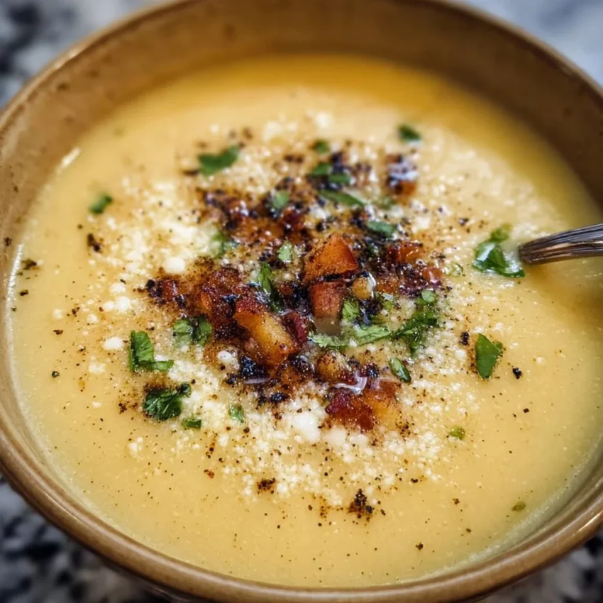 A warm bowl of Potato Cauliflower Soup topped with herbs and served with bread.