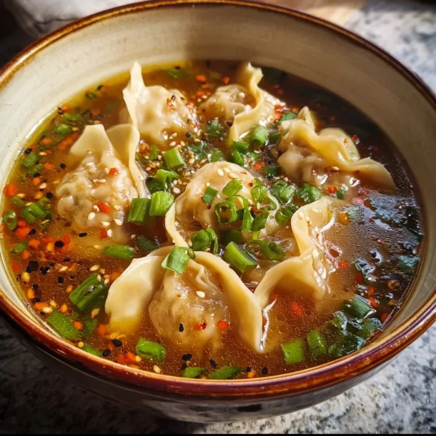 Bowl of homemade potsticker soup with dumplings and vegetables
