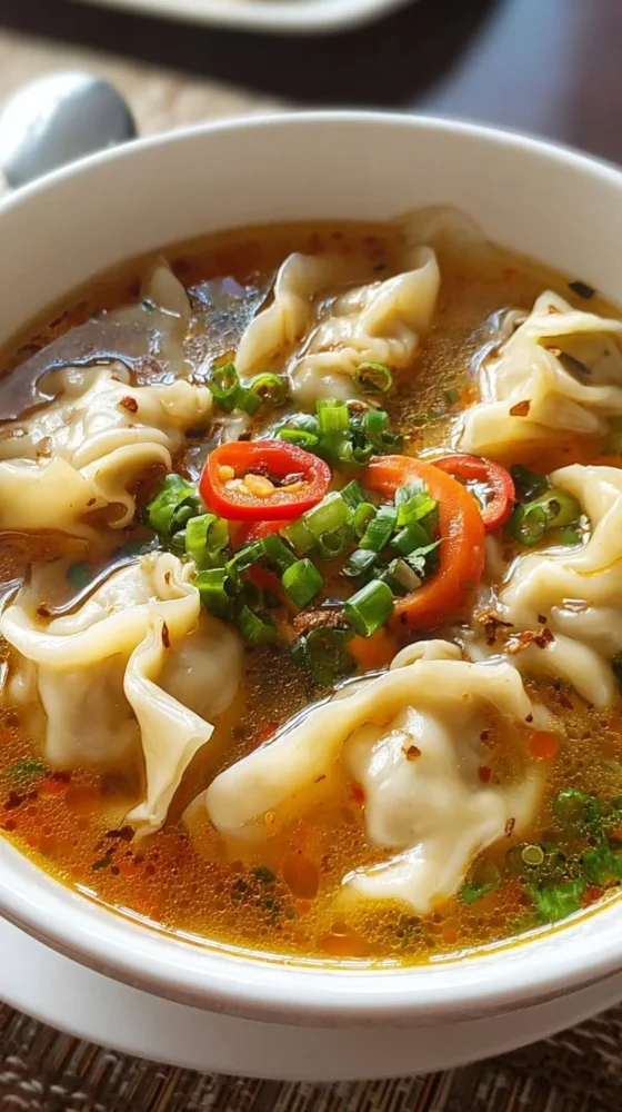 Bowl of Potsticker Soup garnished with green onions and served steaming hot