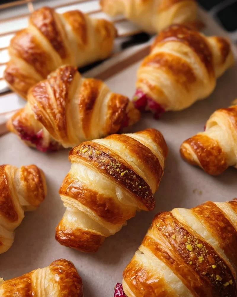Freshly baked puff pastry croissants arranged on a wooden board