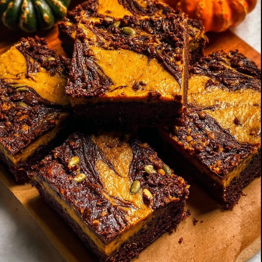 Deliciously rich and fudgy Pumpkin Brownies topped with chocolate and spices
