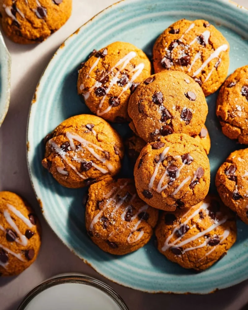 Freshly baked pumpkin chocolate chip cookies on a cooling rack