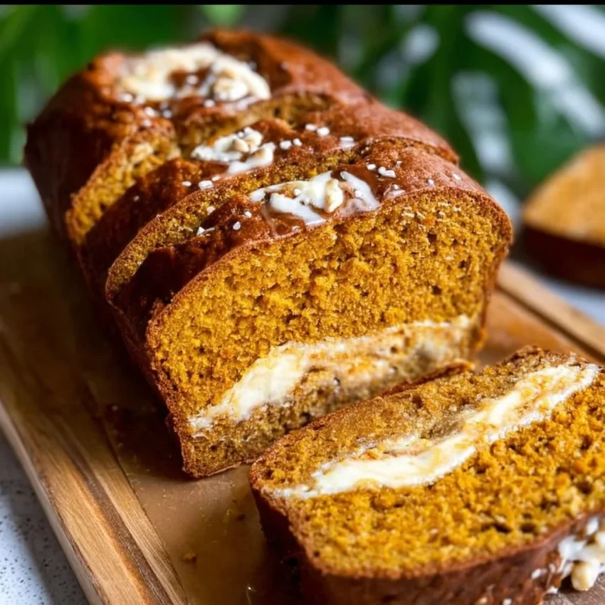 Loaf of moist Pumpkin Cream Cheese Bread with cream cheese swirl