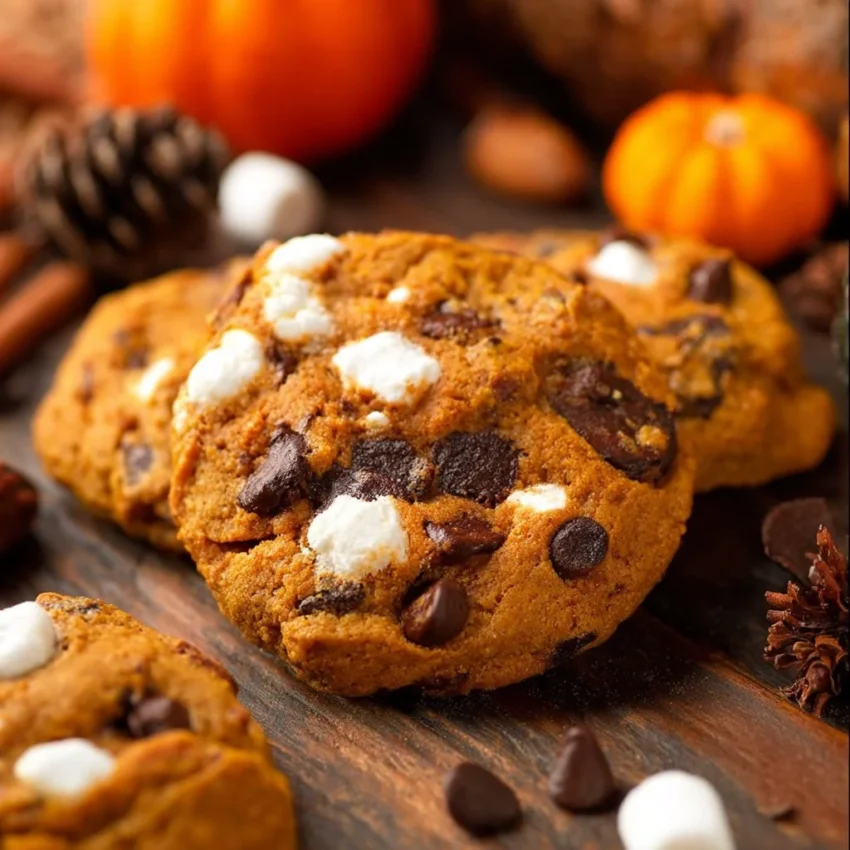Delicious Pumpkin S'mores Cookies on a rustic wooden table