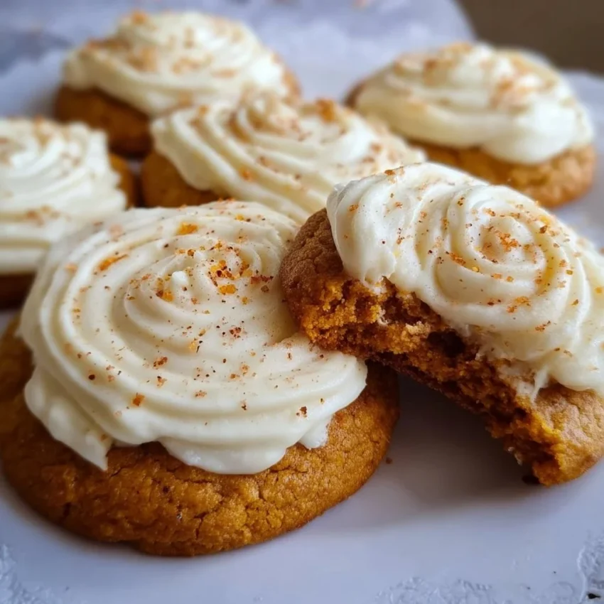 Pumpkin Sugar Cookies decorated with cream cheese frosting on a plate