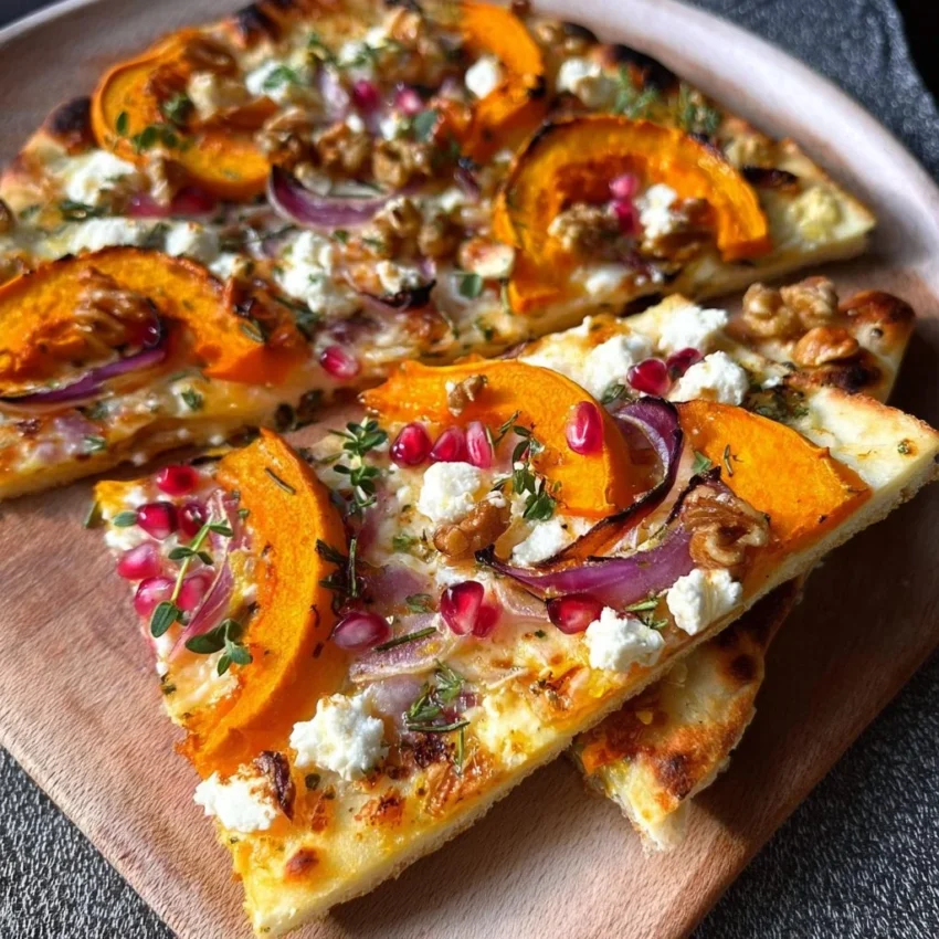 Savory pumpkin tart with feta cheese, garnished and ready to serve.