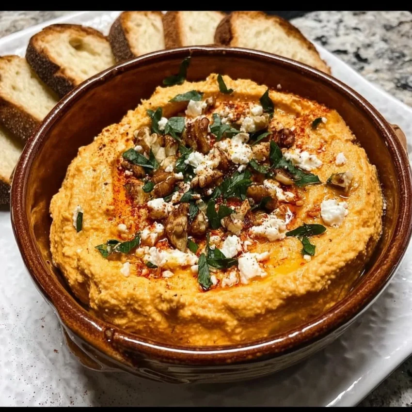 Pumpkin Whipped Feta Dip served in a bowl, garnished with herbs.