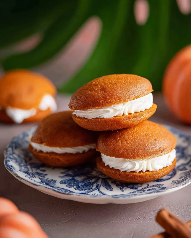 Delicious homemade Pumpkin Whoopie Pies on a decorative plate