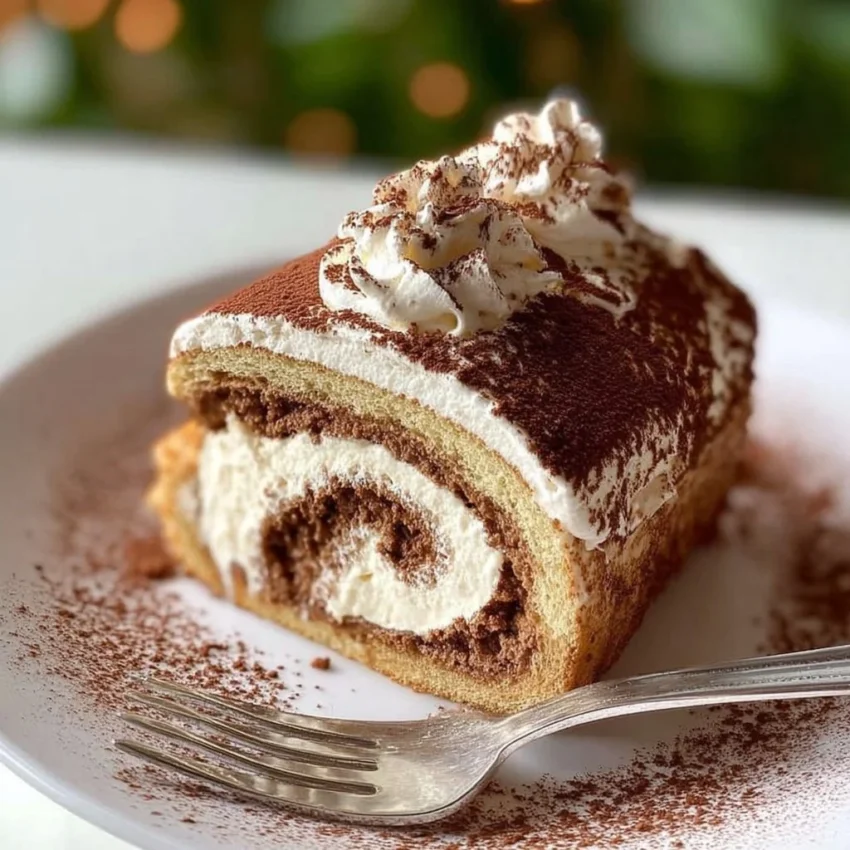 Quick tiramisu yule log cake topped with cocoa and mascarpone cream