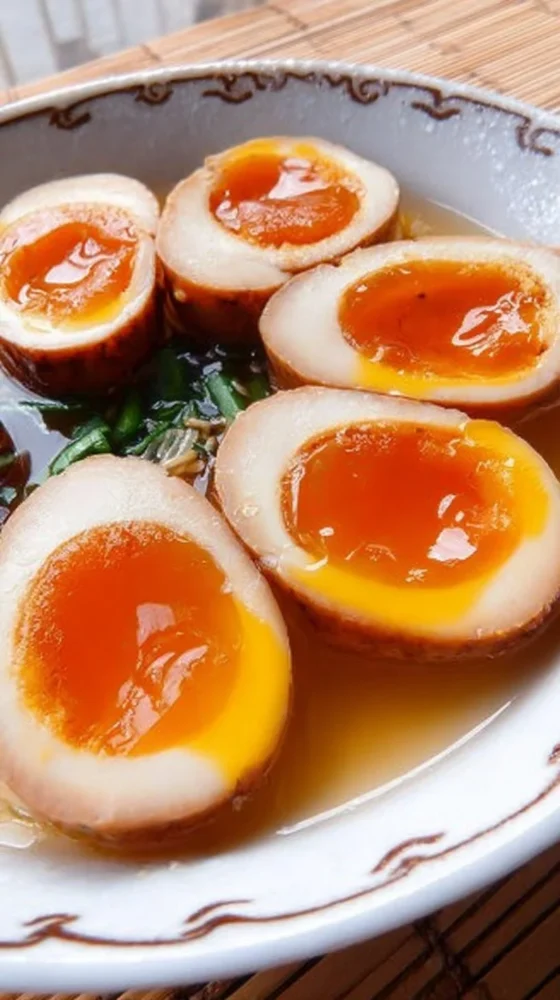 Deliciously marinated Ramen Eggs (Ajitama) served in a bowl of ramen.