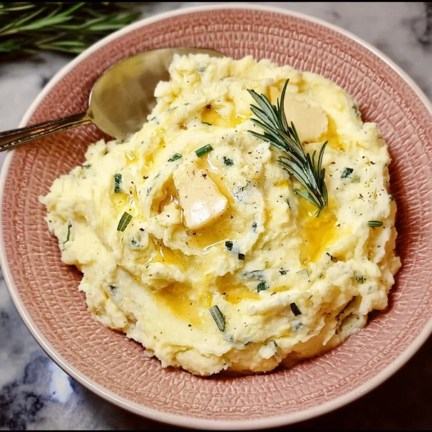 Creamy rosemary garlic mashed potatoes in a bowl, garnished with herbs.