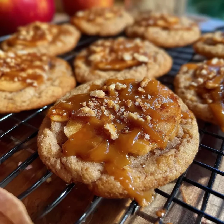Delicious salted caramel apple pie cookies with chunks of apple and drizzled caramel