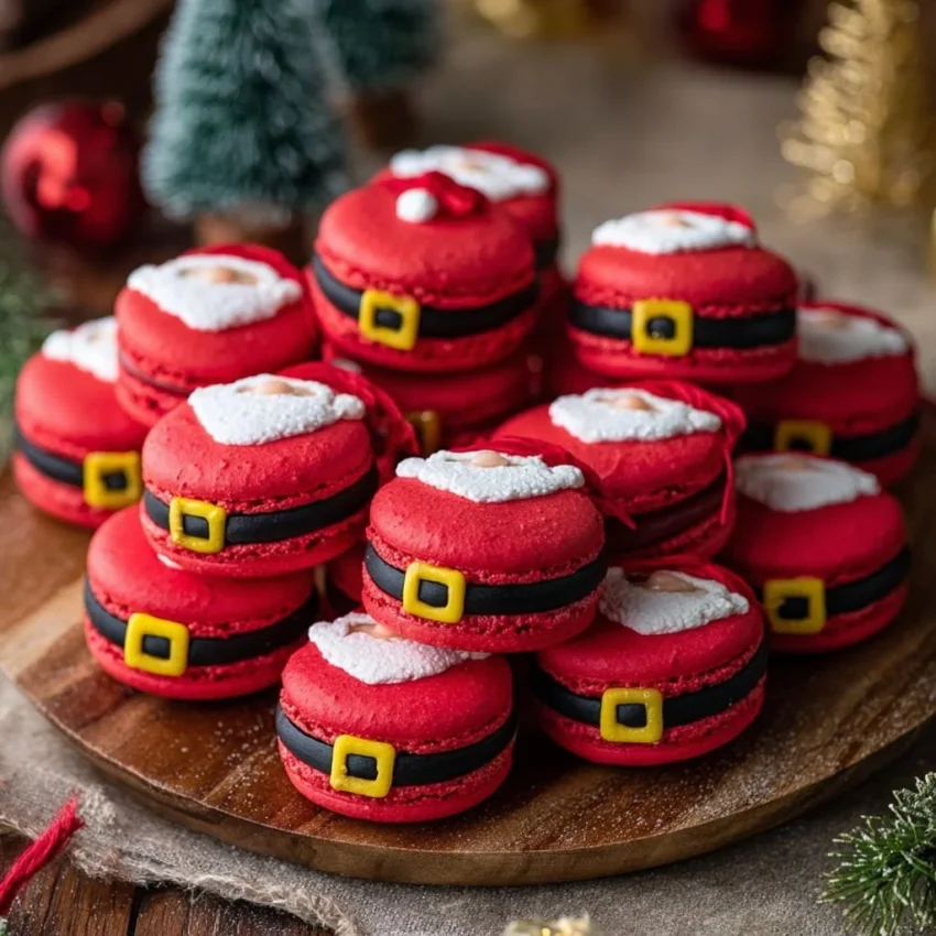 Festively decorated Santa Claus Macarons in vibrant colors for Christmas treats.