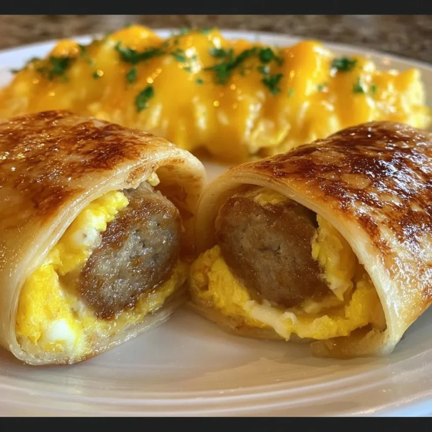 Delicious sausage egg breakfast roll-ups ready to eat.