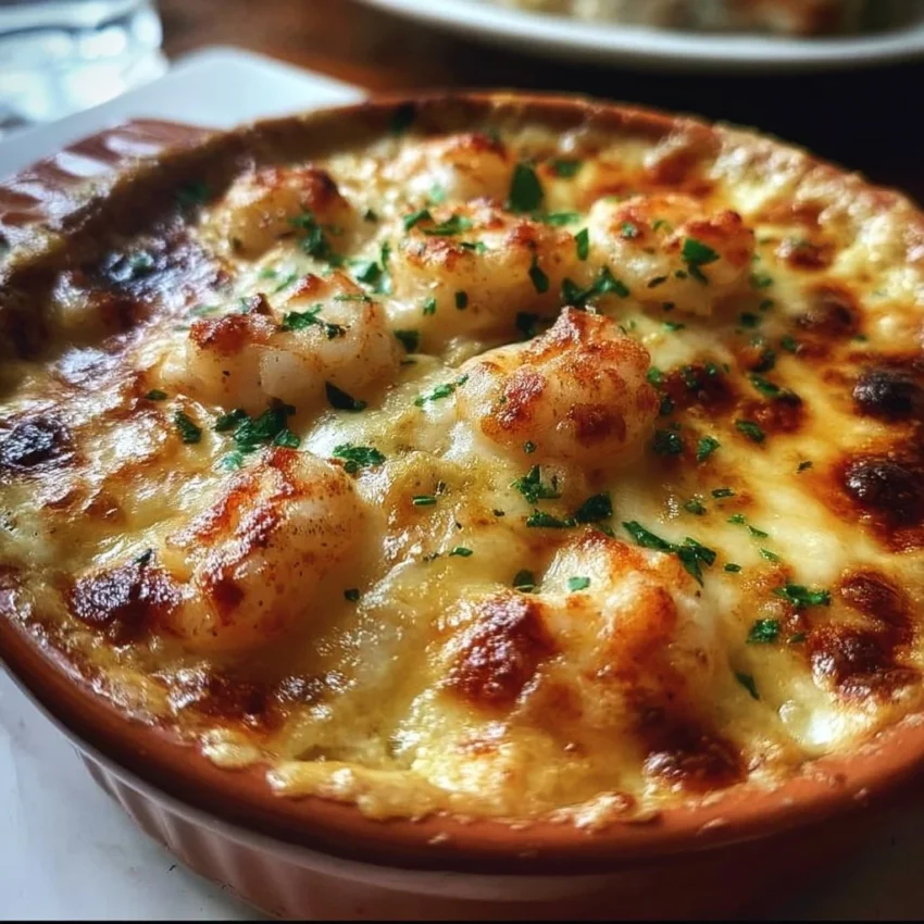 Delicious seafood gratin topped with cheese and herbs, baked to perfection.