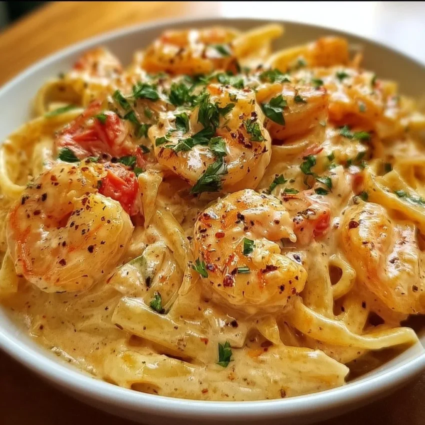 Delicious shrimp crab pasta topped with creamy Cajun sauce served in a bowl.