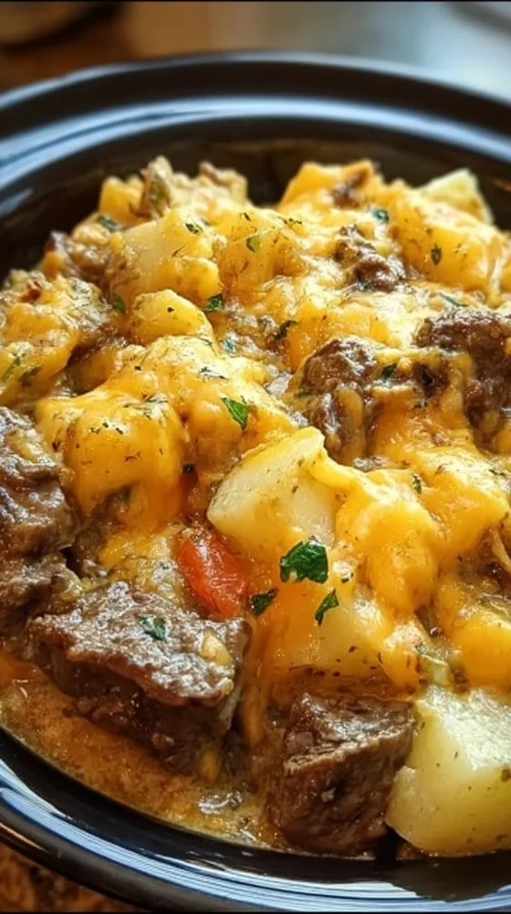 Delicious slow cooker steak and cheddar potato casserole dish
