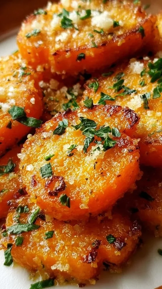Smashed garlic-parmesan carrots garnished with herbs on a plate