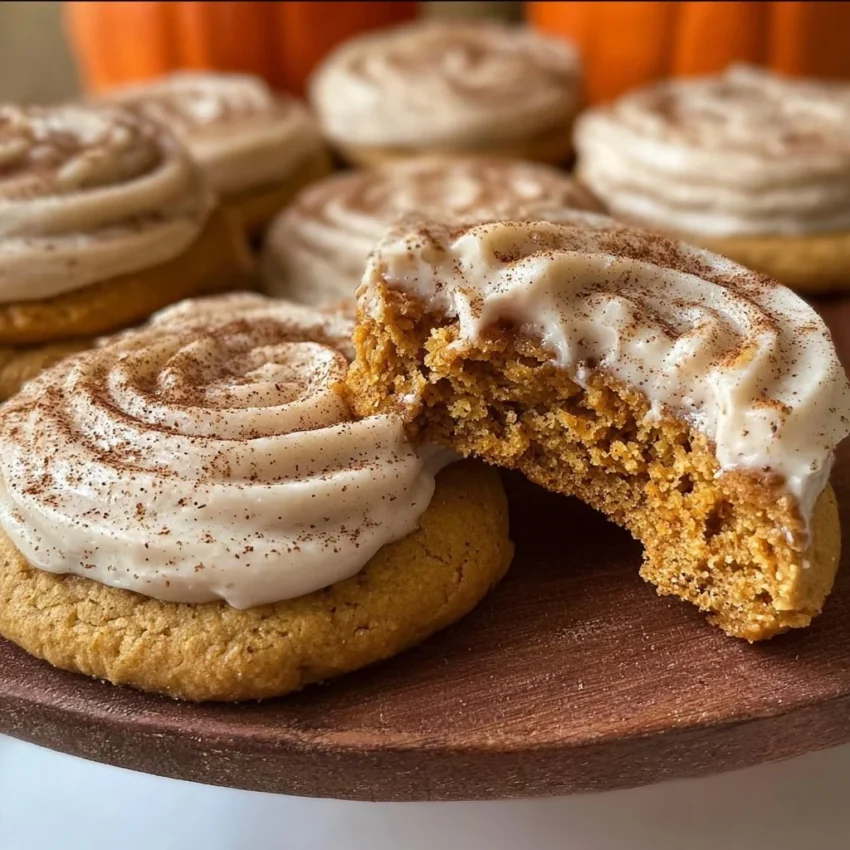 Soft pumpkin cookies with cinnamon frosting on a plate