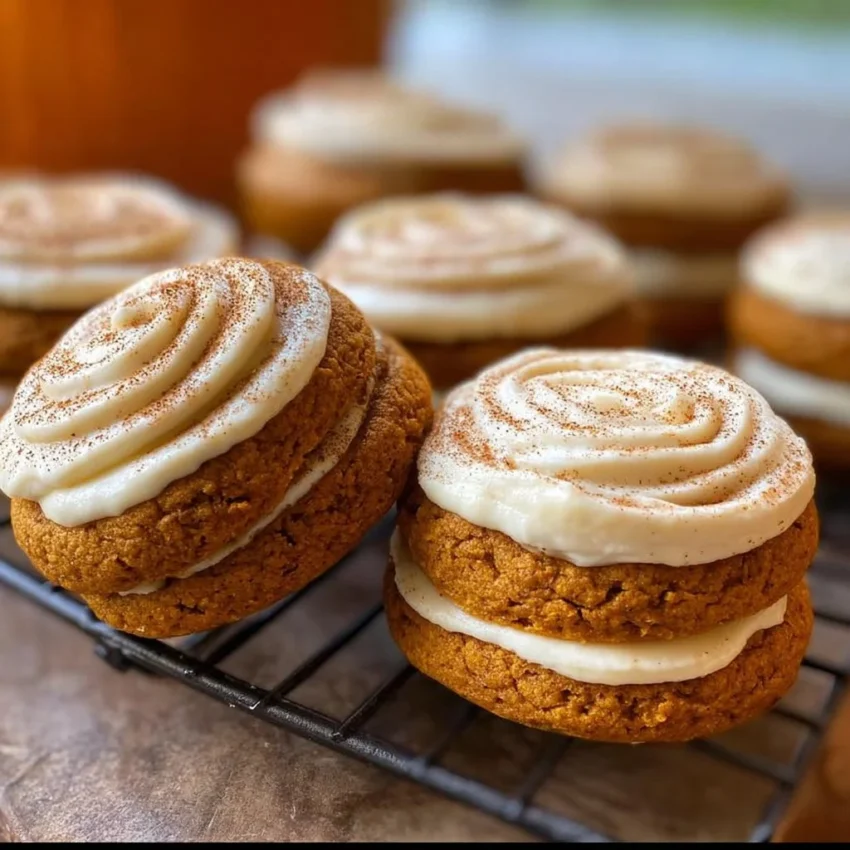 Soft pumpkin cookies with creamy cream cheese frosting on a plate