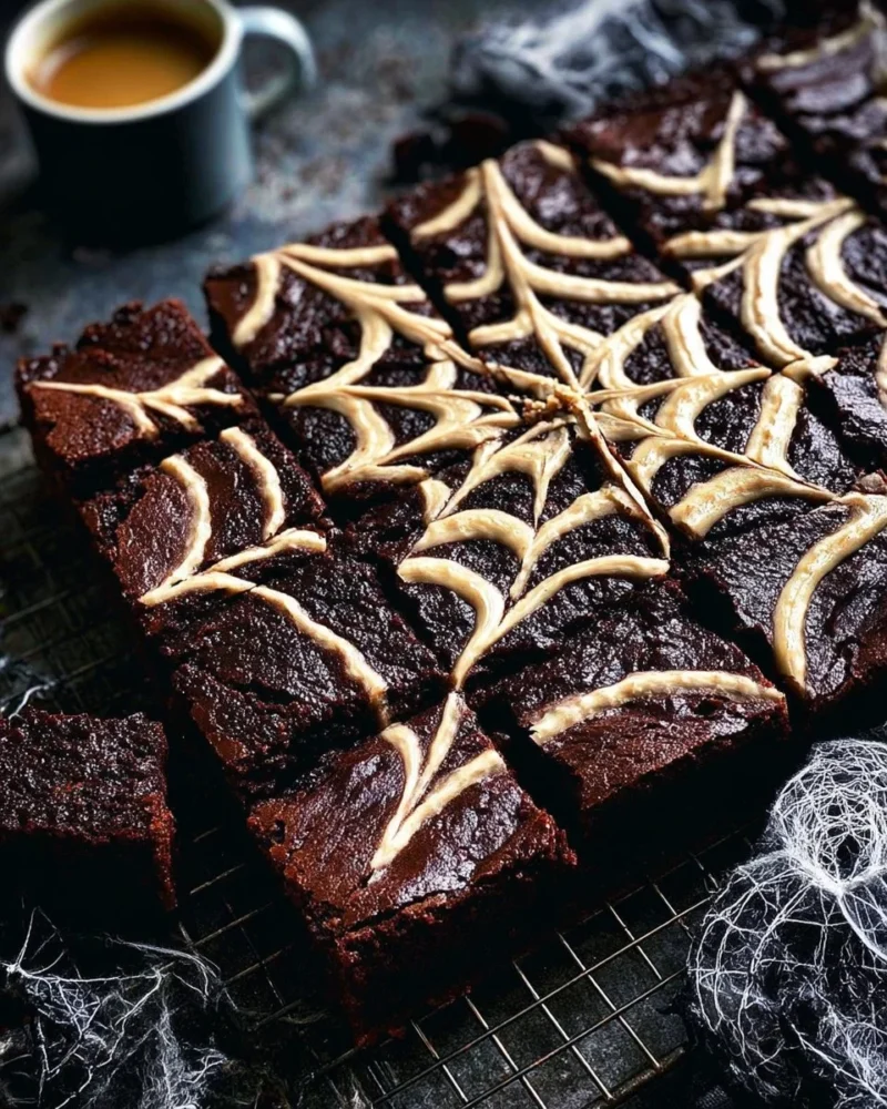 Spider web brownies decorated with a spooky chocolate and white chocolate web design.