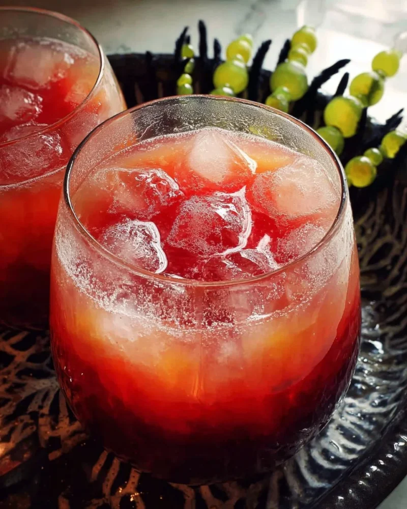 A colorful Halloween Punch served in a spooky-themed glass with Halloween decorations.